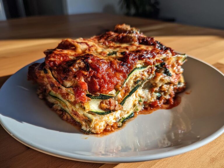 A hearty slice of zucchini lasagna showing layers of zucchini noodles, cheese, and rich tomato sauce.