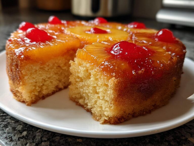 Close-up of a moist pineapple upside down cake with a slice removed, showing the golden crumb and cherry topping.