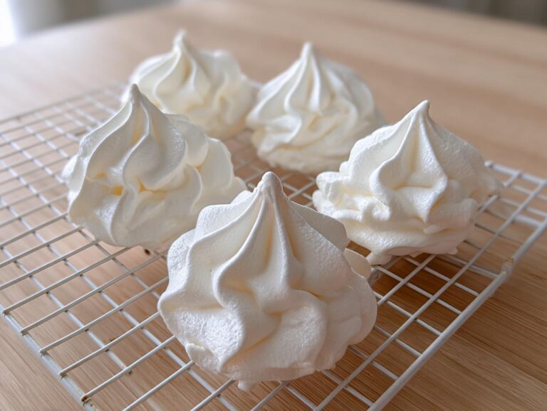 Five perfectly piped, white meringue cookies cooling on a white wire rack over a wooden surface.