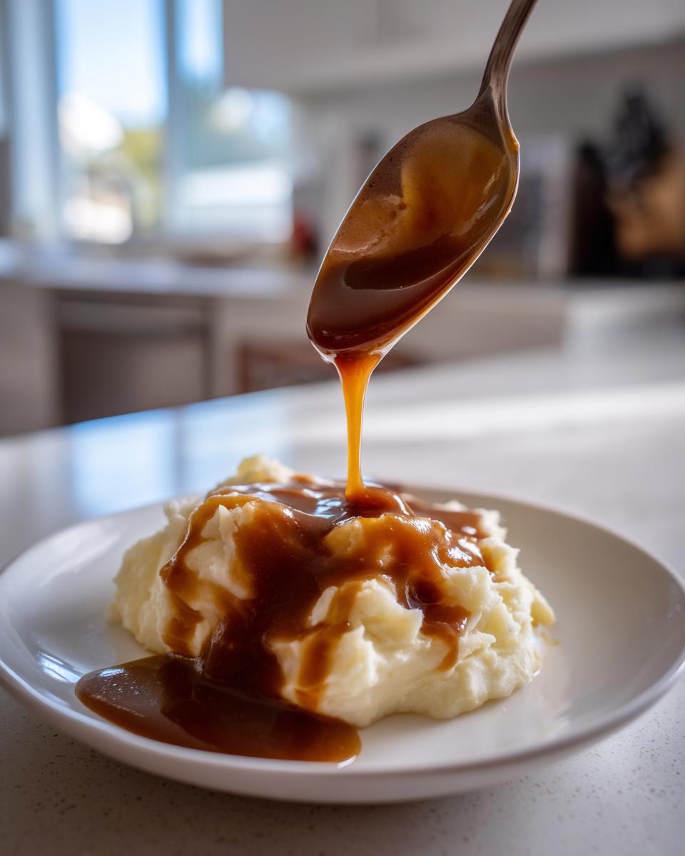 A spoonful of rich, brown chicken gravy is being poured over a mound of creamy mashed potatoes on a white plate.