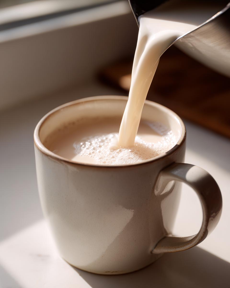 Close-up of creamy liquid being poured from a metal pitcher into a mug to make white hot chocolate.