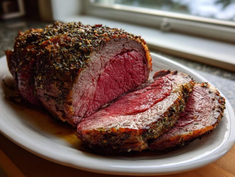 A perfectly cooked prime rib roast oven, sliced to reveal a medium-rare pink center and a dark herb crust, resting on a white platter.