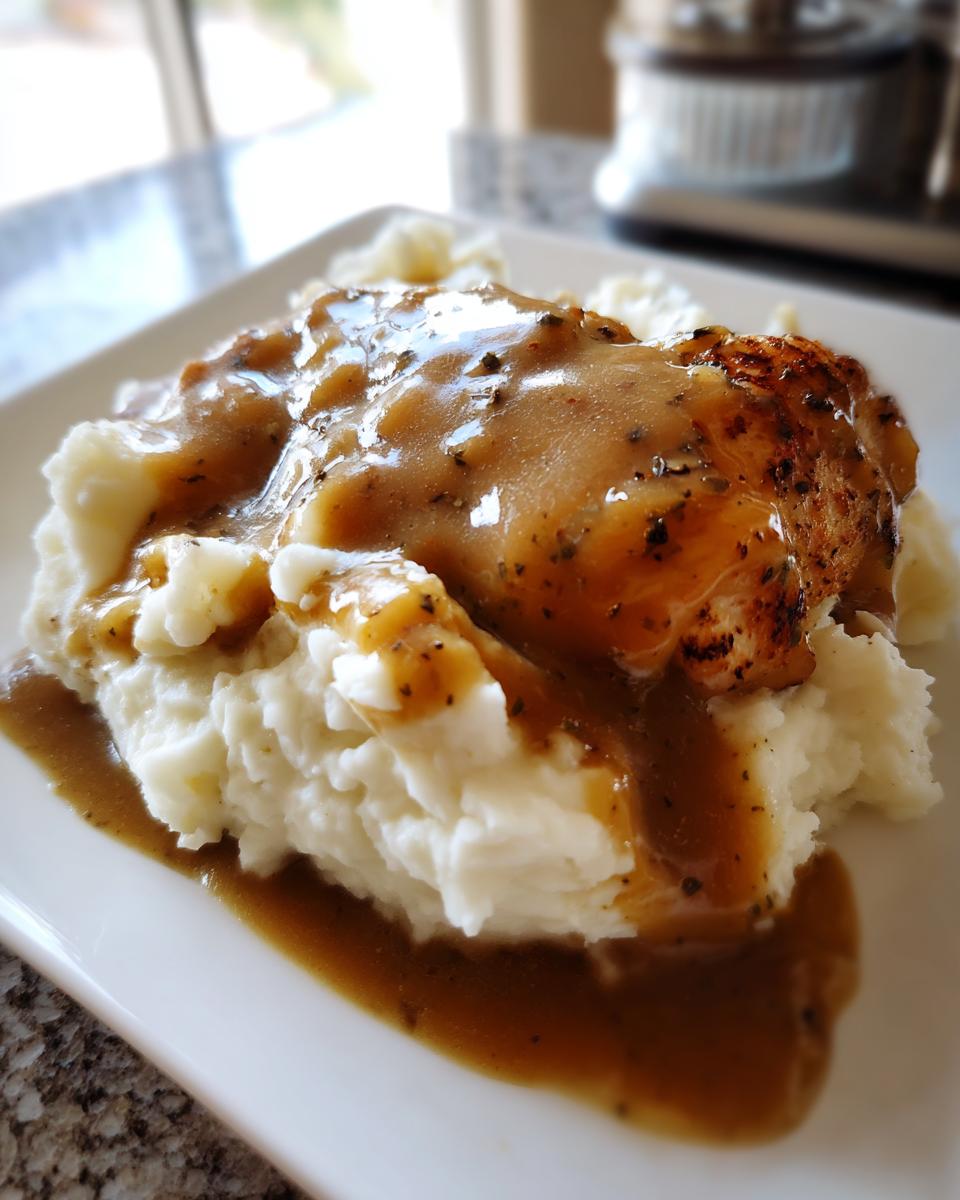 A piece of seasoned chicken breast smothered in rich, brown chicken gravy, served over fluffy mashed potatoes.