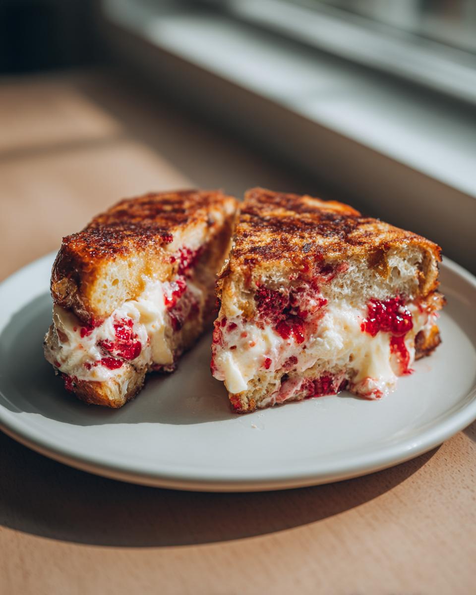 Two halves of golden brown stuffed french toast filled with creamy cheese and bright red raspberries.