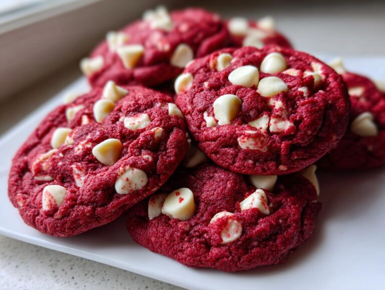 A stack of vibrant red velvet cake mix cookies studded with white chocolate chips on a white plate.