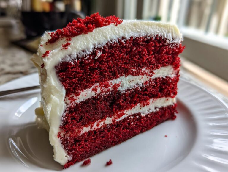 A thick slice of moist red velvet cake showing four layers of deep red cake separated by white cream cheese frosting.