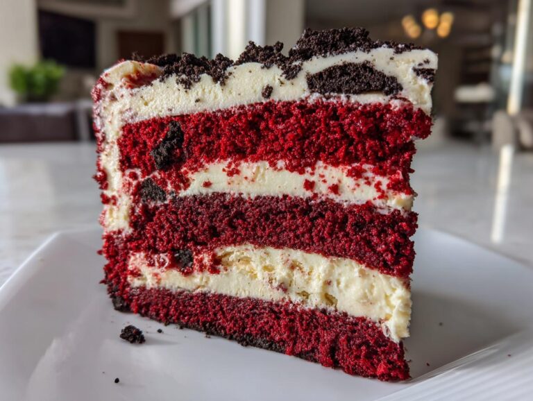 Close-up of a tall slice of red velvet cheesecake featuring four distinct red layers alternating with cream cheese filling and topped with dark cookie crumbs.