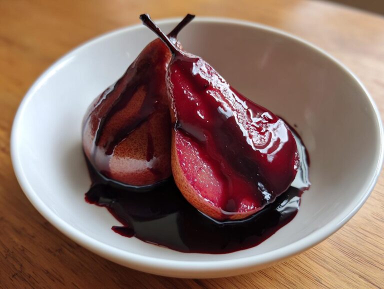 Two rich, red wine poached pears, one halved, covered in glossy dark syrup, served in a white bowl.
