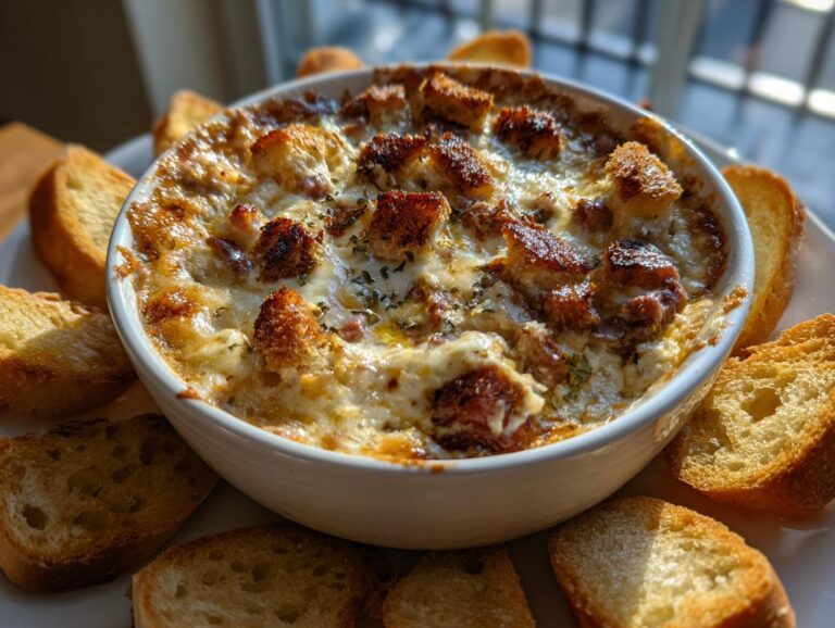 Close-up of a baked, cheesy Reuben dip topped with croutons, served with toasted baguette slices for dipping.