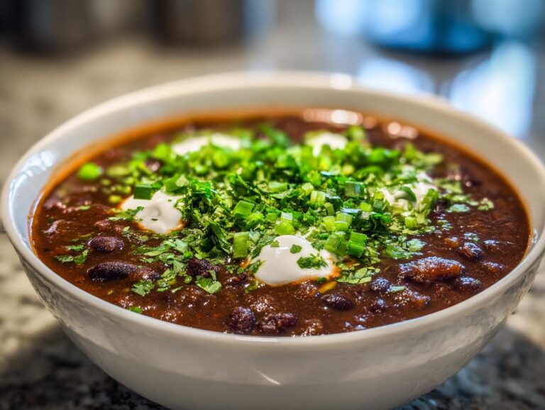 Close-up of a hearty bowl of dark black bean soup topped with dollops of sour cream and fresh chopped green onions.