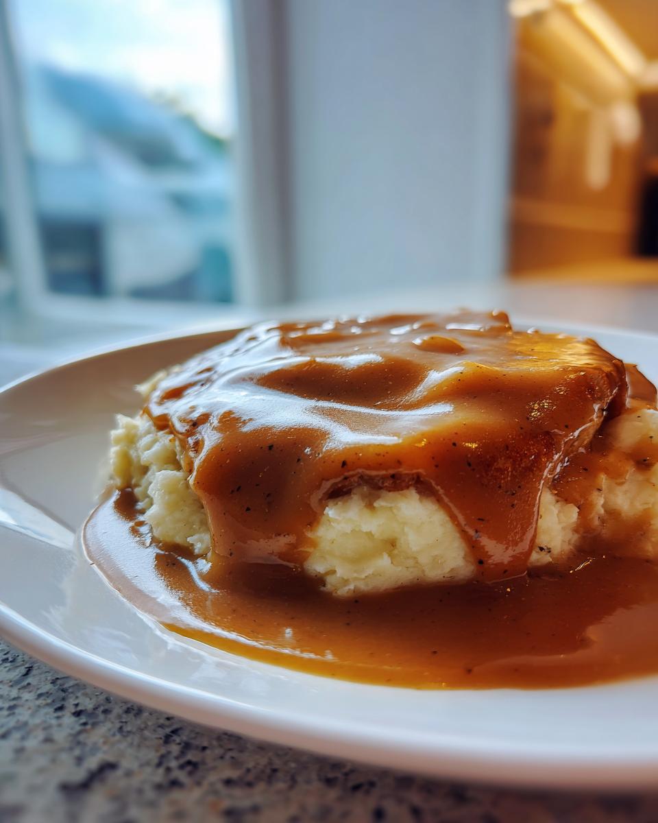 Close-up of creamy mashed potatoes smothered in rich, brown chicken gravy with visible pepper flecks.