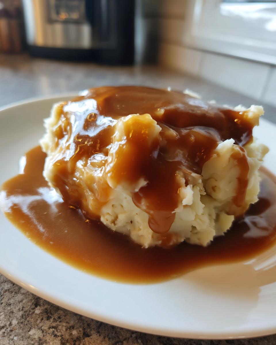 Close-up of fluffy mashed potatoes generously topped with rich, brown chicken gravy.
