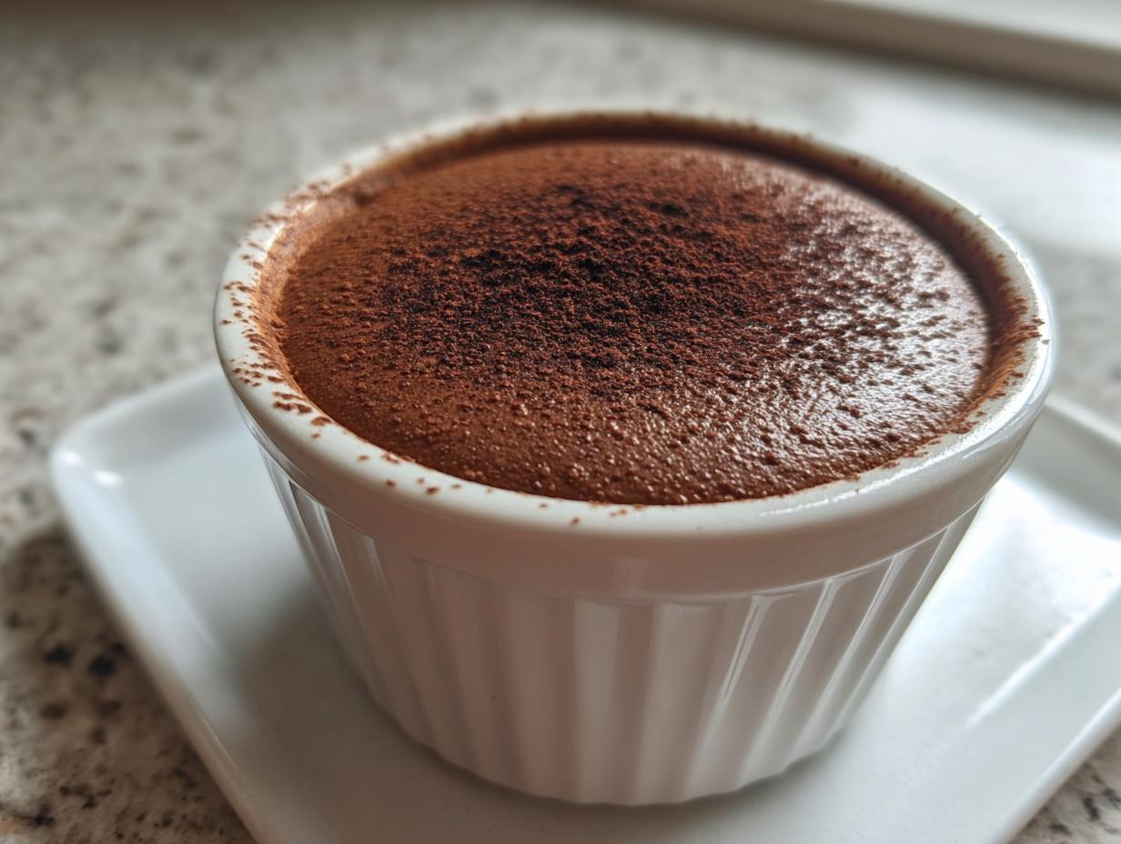 A close-up of a rich chocolate mousse topped with cocoa powder in a white fluted ramekin.