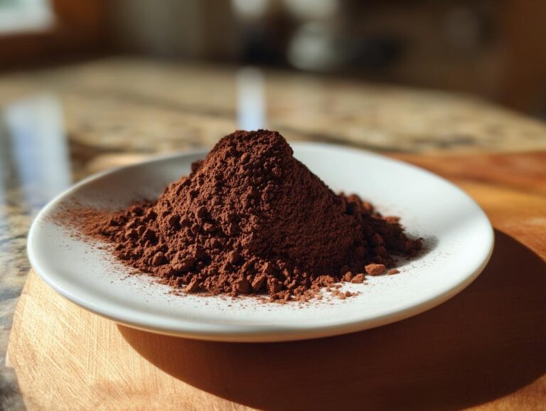 A mound of rich, dark brown cocoa powder piled on a small white plate, perfect for hot cocoa mix.