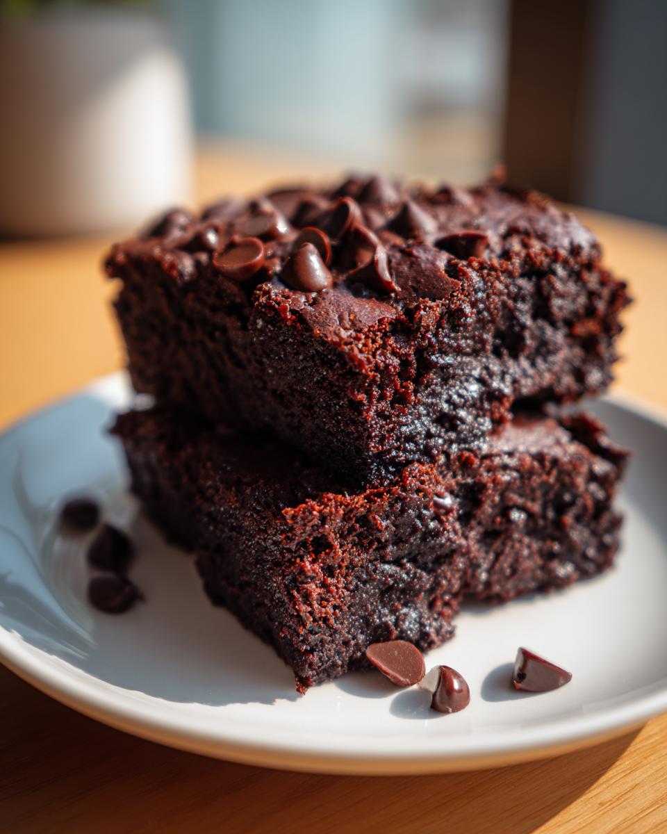 Two rich, dark sweet potato brownies stacked on a white plate, topped with chocolate chips.