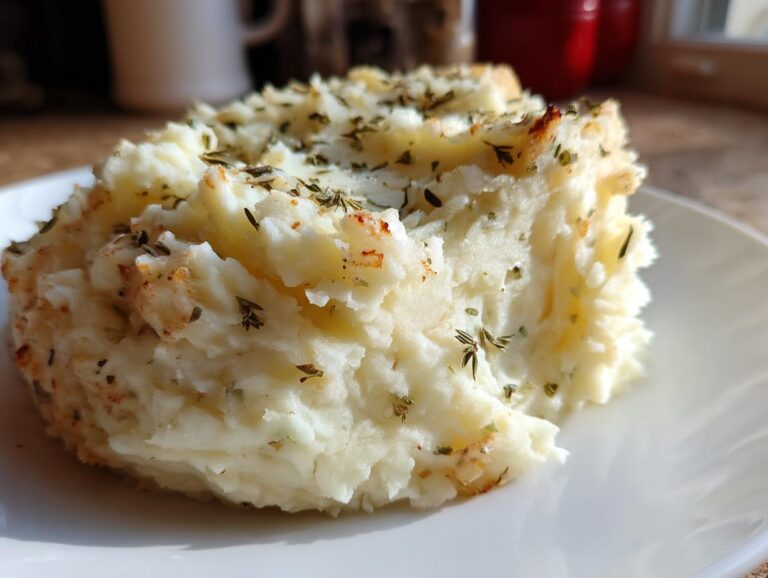 A close-up of a generous serving of fluffy roasted garlic mashed potatoes topped with herbs.