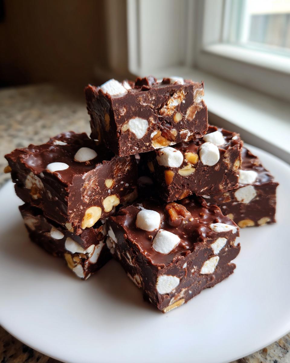 A stack of rich, dark chocolate rocky road fudge squares loaded with marshmallows and nuts.