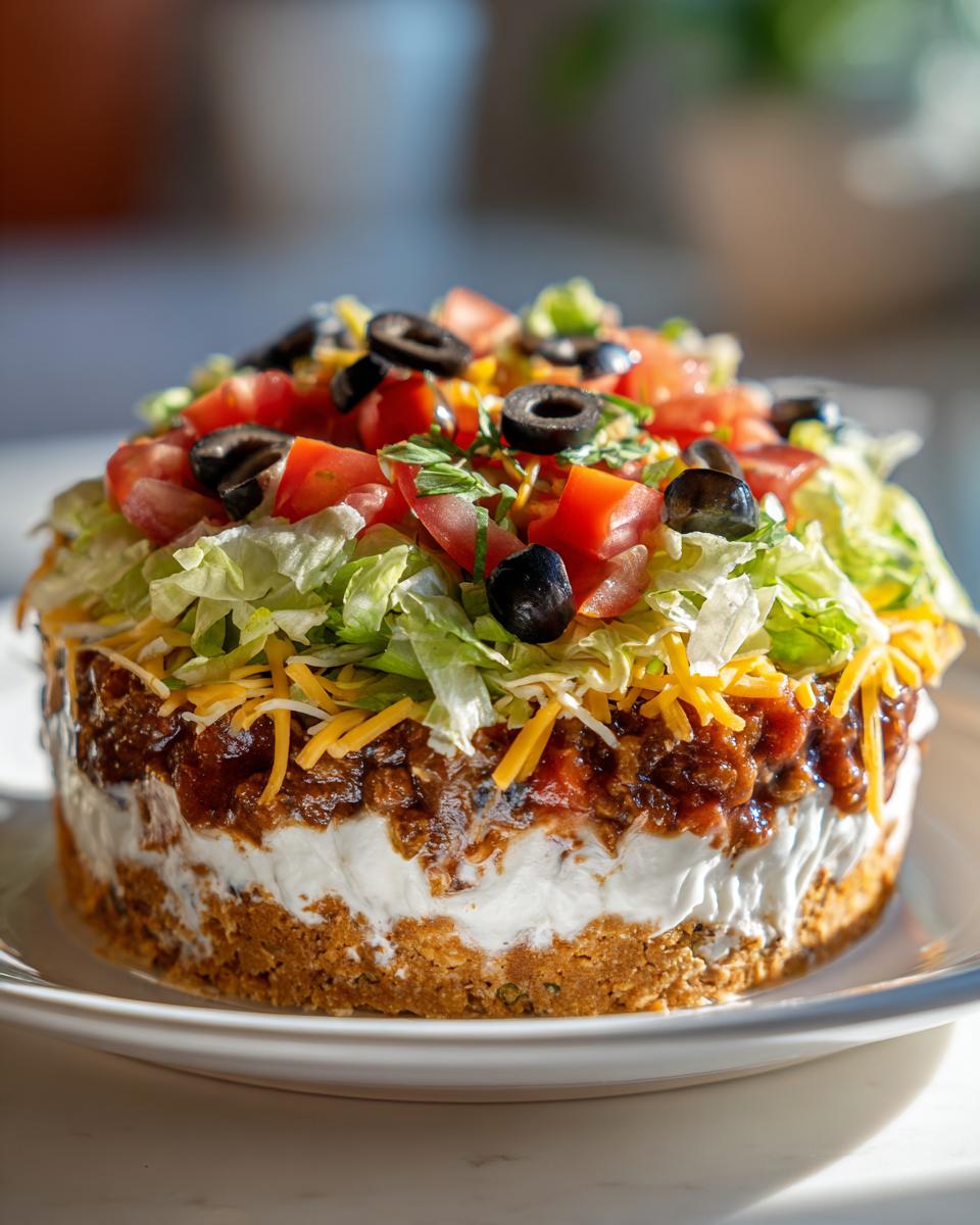 A tall, round 7 layer dip presentation topped with lettuce, tomatoes, cheese, and black olives.