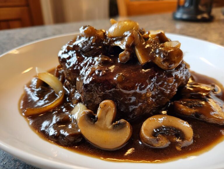 A close-up of a juicy Salisbury steak smothered in rich brown gravy with sautéed mushrooms and onions.