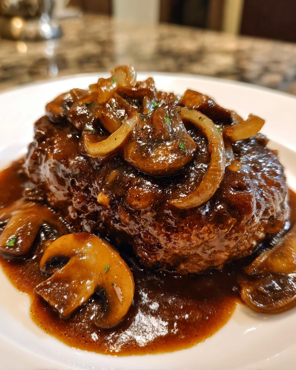 Close-up of a perfectly cooked salisbury steak smothered in rich brown mushroom and onion gravy.