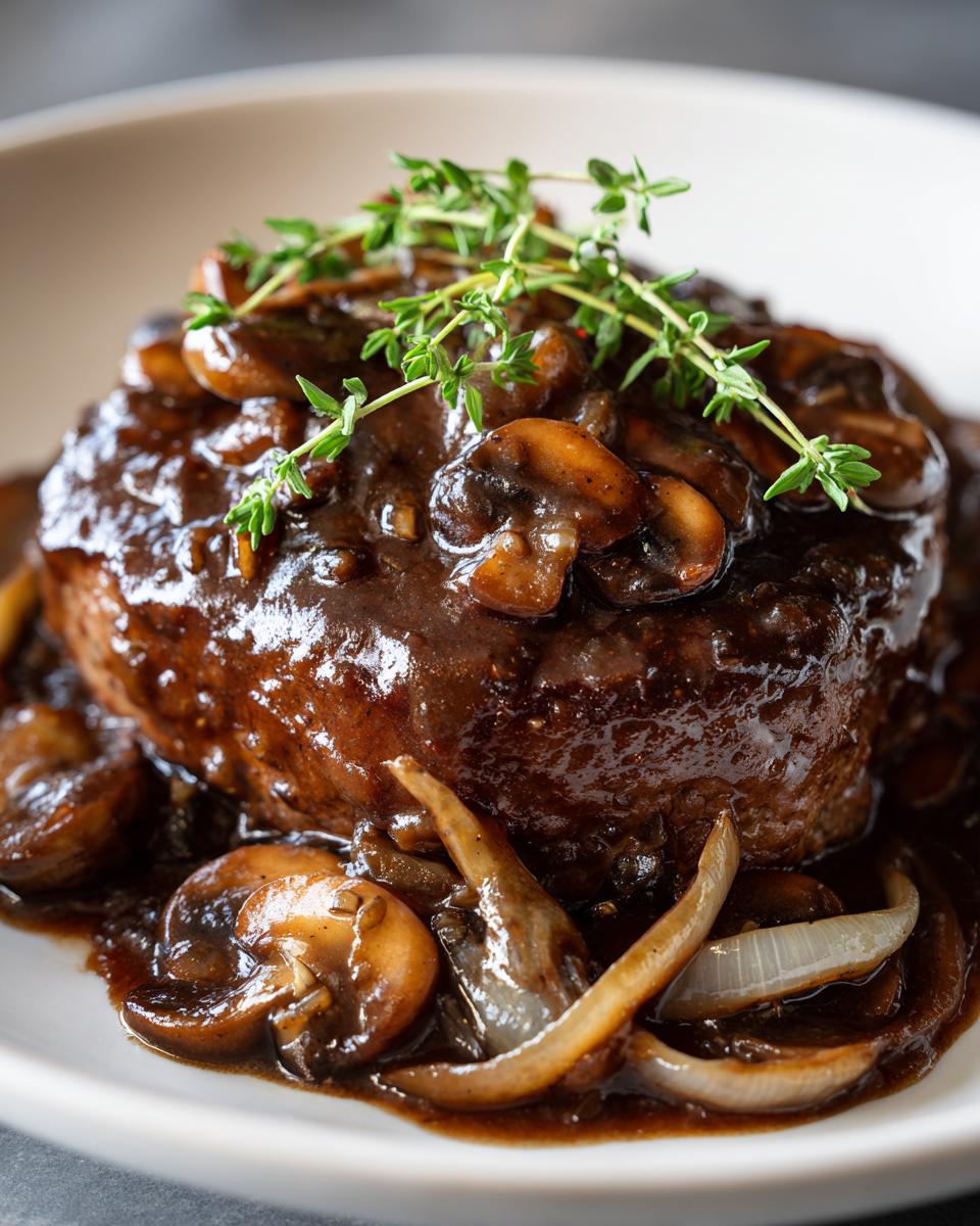 A close-up of a perfectly cooked salisbury steak smothered in dark mushroom and onion gravy, garnished with fresh thyme.