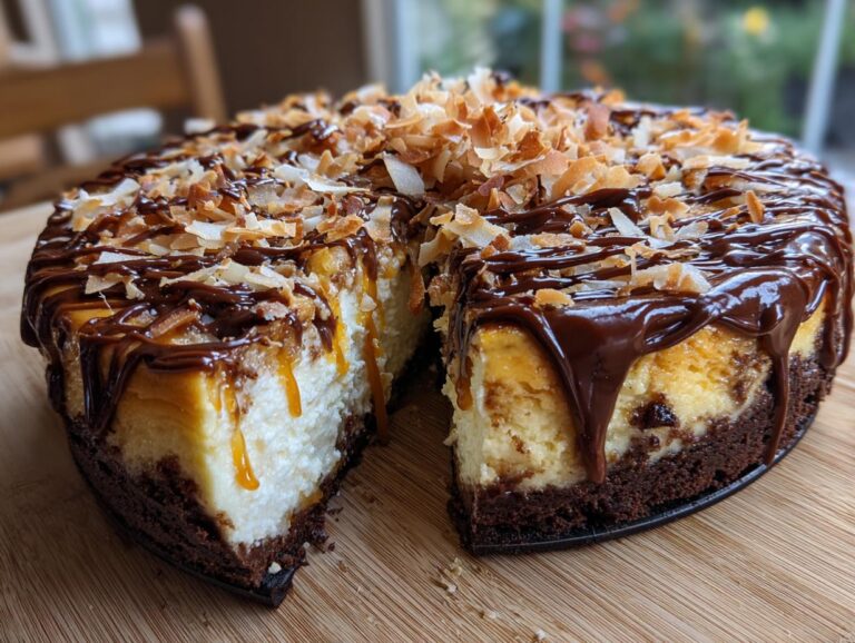 A rich Samoa Cheesecake with a brownie base, topped with chocolate ganache, caramel, and toasted coconut flakes.