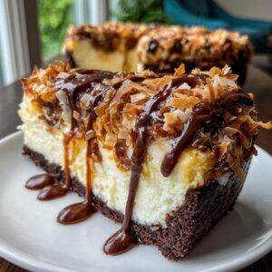 A close-up slice of rich Samoa Cheesecake with a thick cream layer, chocolate drizzle, and toasted coconut topping.