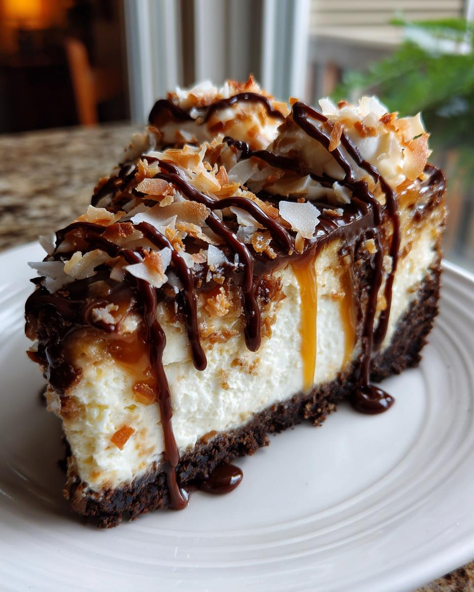A rich slice of Samoa Cheesecake featuring a dark crust, creamy filling, caramel drizzle, chocolate syrup, and toasted coconut.