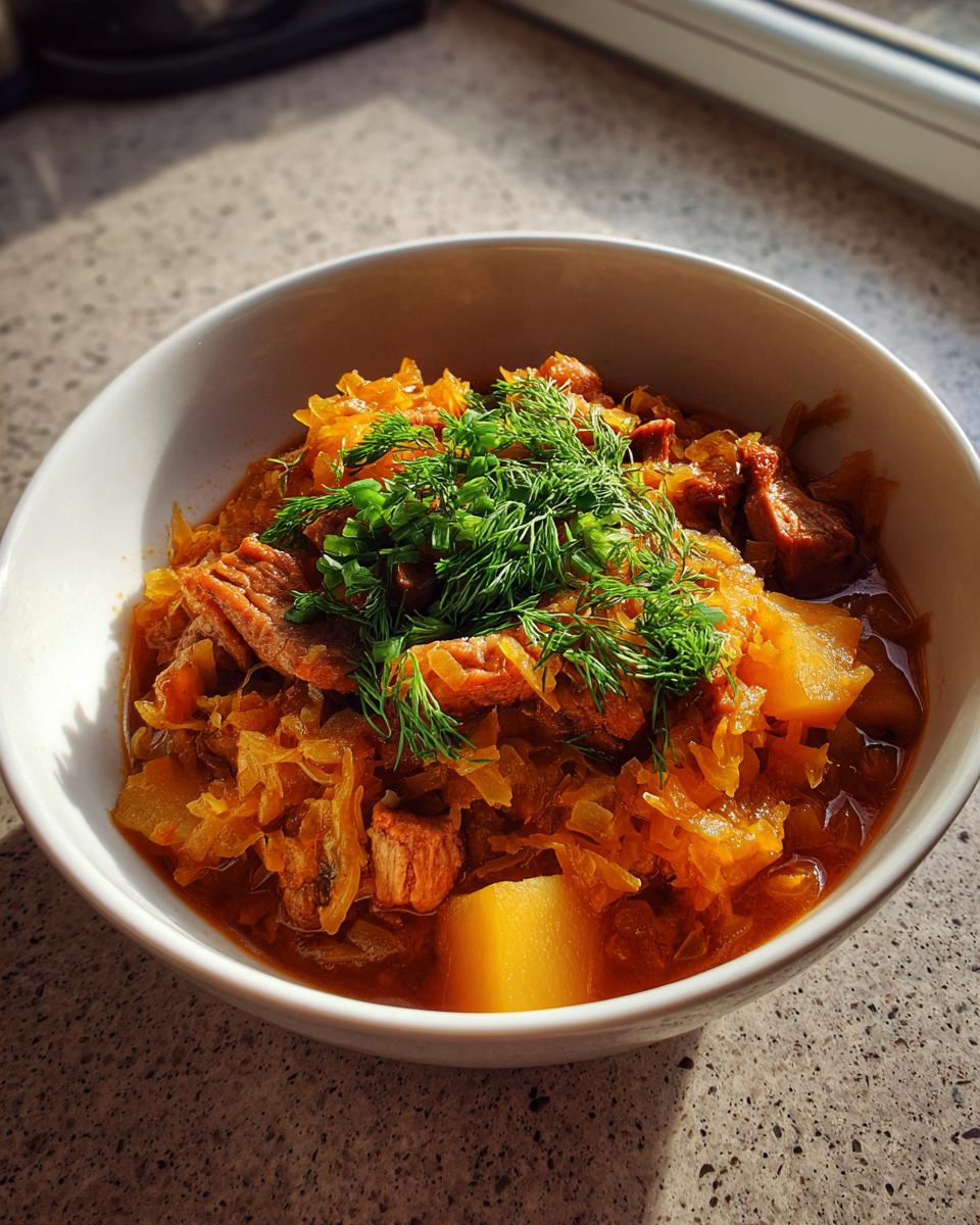 A warm bowl of rich sauerkraut soup containing shredded cabbage, chunks of meat, and potatoes, topped with fresh dill.