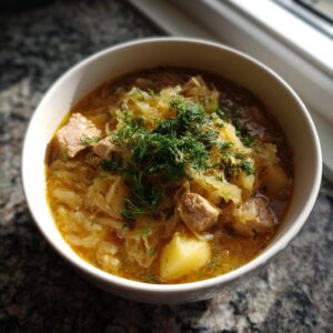 A close-up of a white bowl filled with steaming sauerkraut soup, featuring chunks of meat, potatoes, and topped with fresh dill.