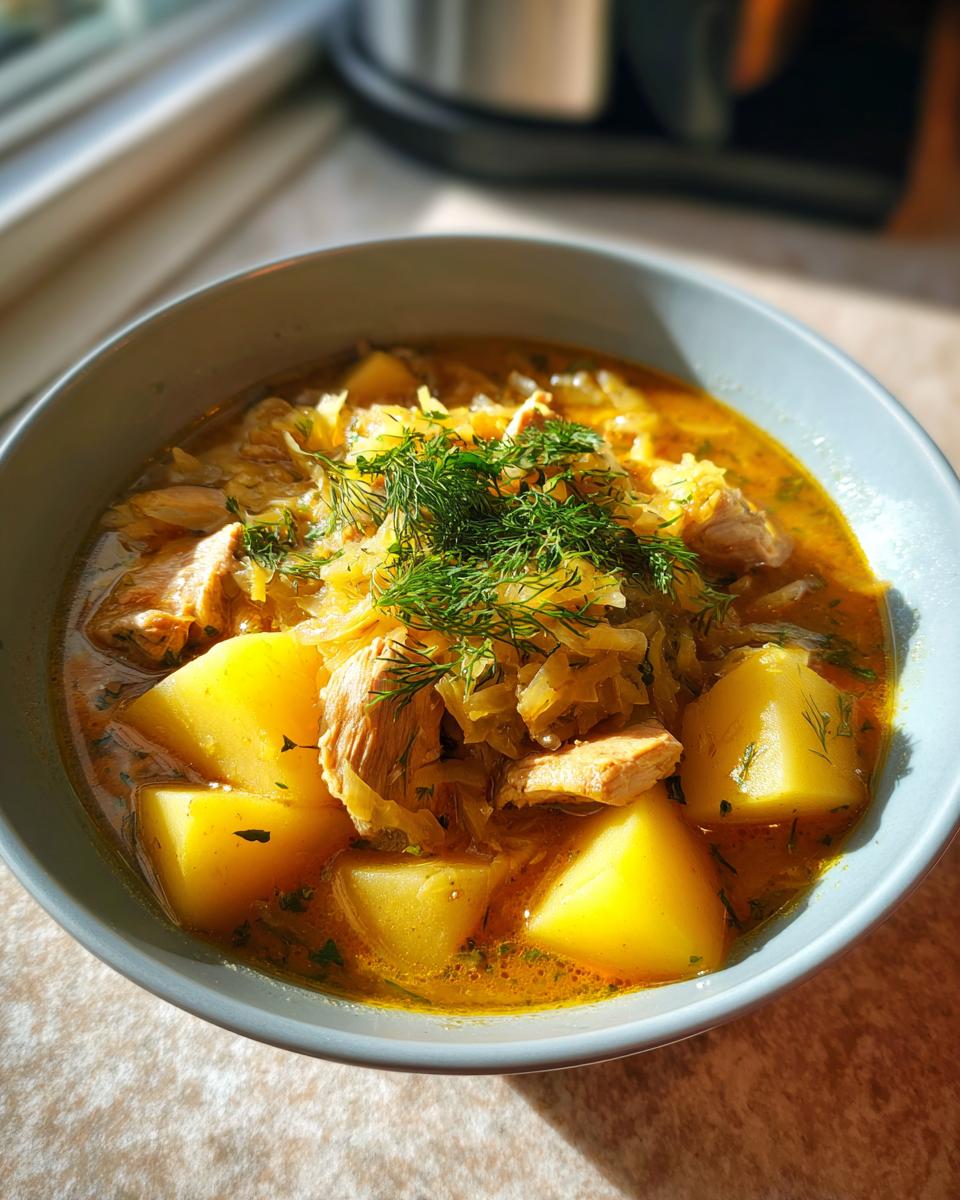 A close-up of a bowl of rich, yellow sauerkraut soup featuring large potato chunks, shredded cabbage, meat, and fresh dill garnish.