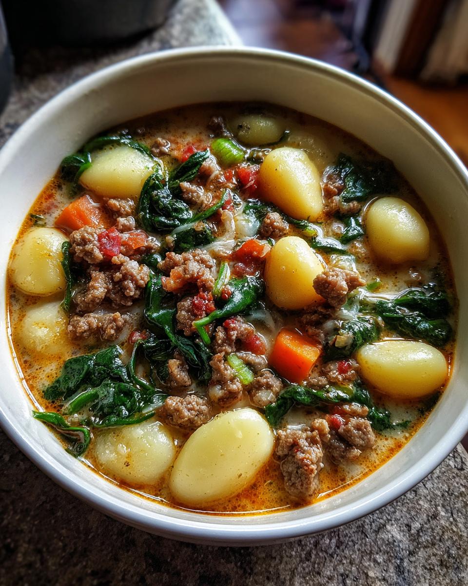 Close-up of a creamy bowl of sausage gnocchi soup with spinach and carrots.
