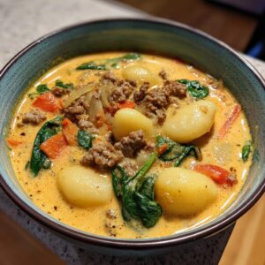 Close-up of a hearty bowl of sausage gnocchi soup with creamy broth, spinach, and vegetables.