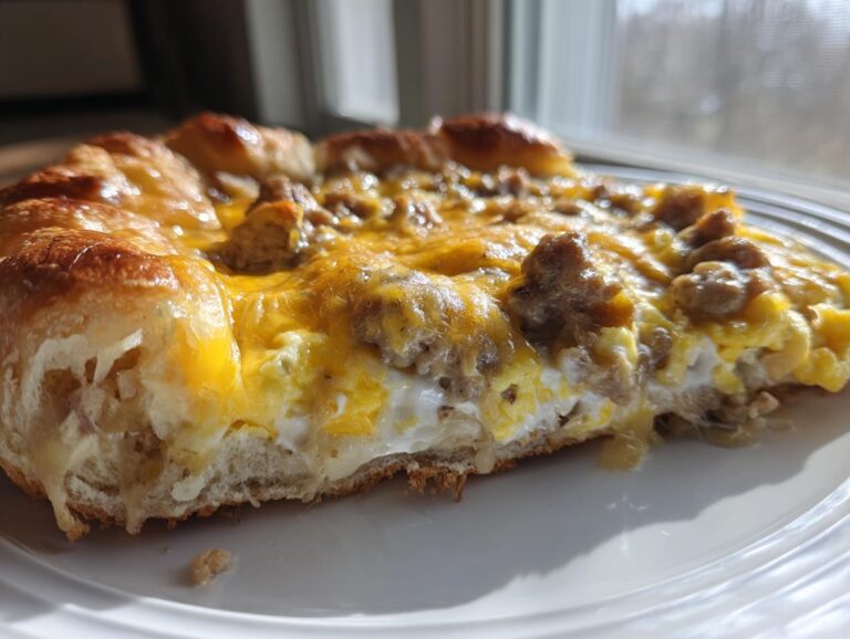 Close-up of a thick slice of sausage gravy breakfast pizza showing crust, eggs, sausage crumbles, and melted cheddar cheese.