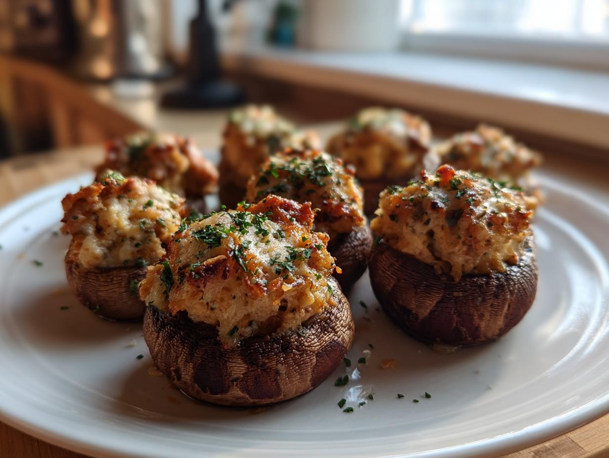 A close-up of several baked sausage stuffed mushrooms arranged on a white plate, topped with melted cheese and fresh parsley.