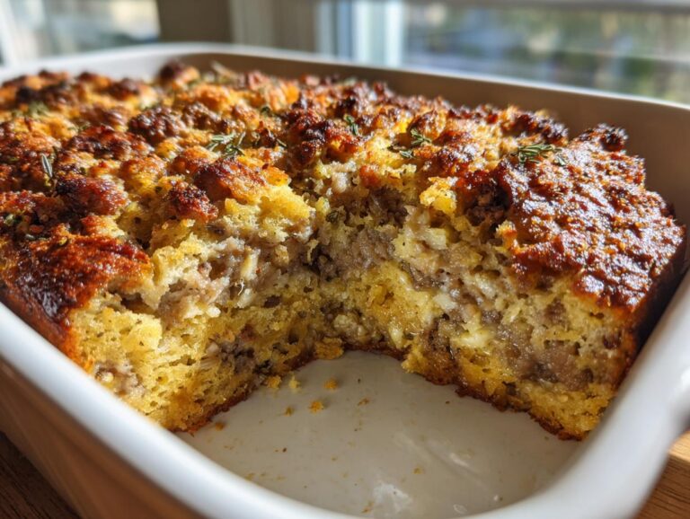 Close-up of a golden brown sausage stuffing recipe baked in a white casserole dish, showing a serving removed.