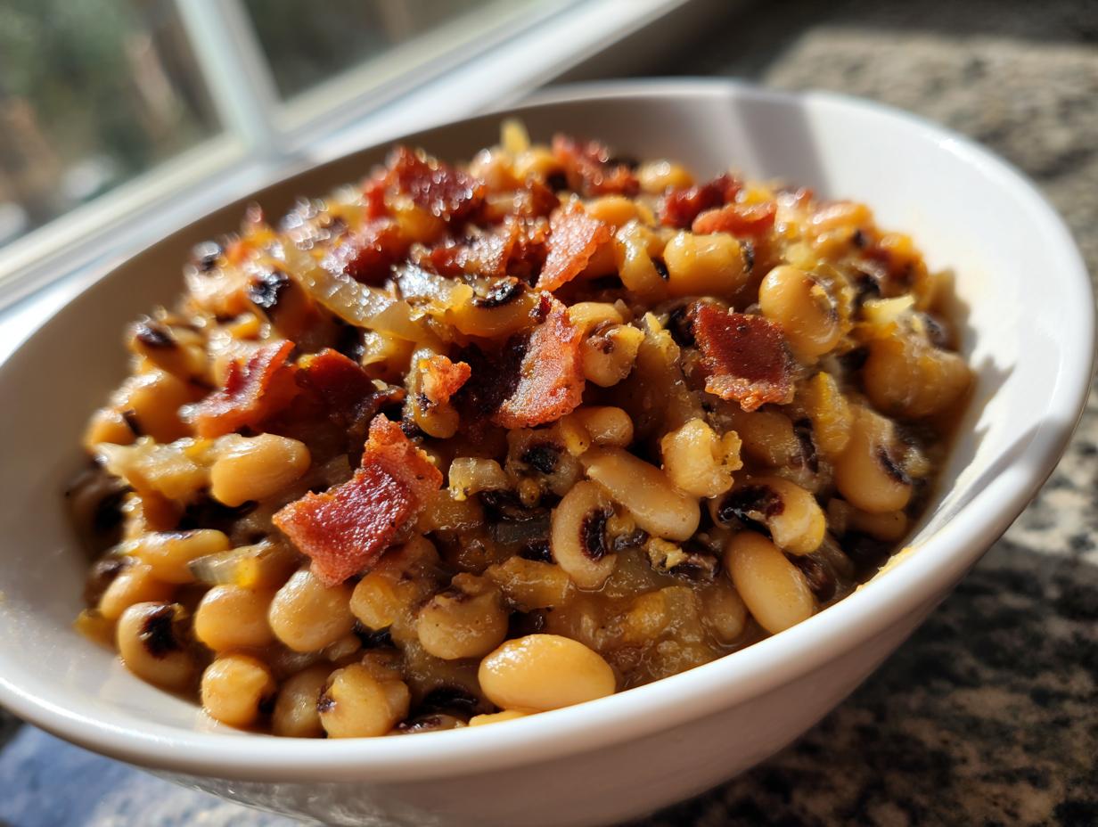 A white bowl filled with savory black eyed peas seasoned with onions and topped with crispy bacon pieces.