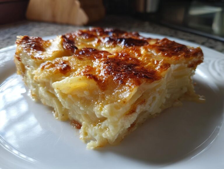 A golden-brown, cheesy slice of scalloped potatoes recipe with creamy layers, served on a white plate.