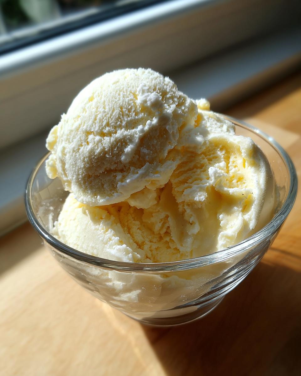Two scoops of creamy, pale yellow banana ice cream served in a clear glass bowl.
