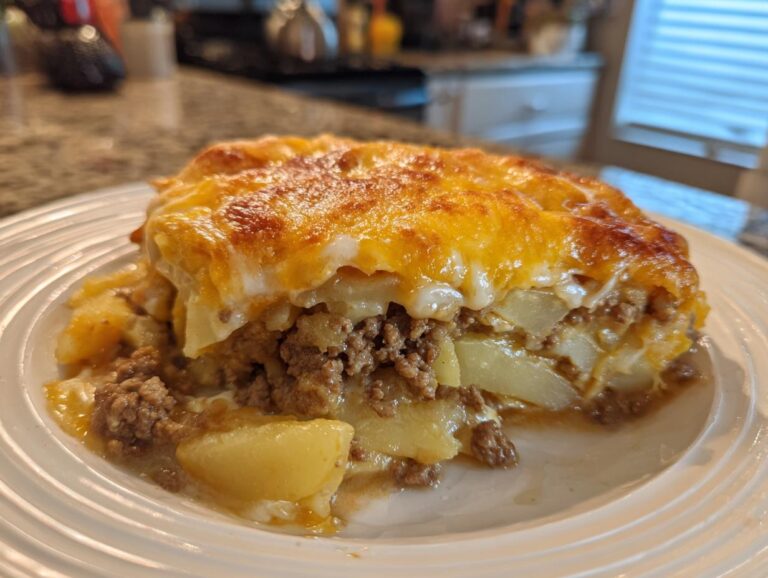 A close-up serving of rich hamburger potato casserole layered with ground beef, potatoes, and topped with bubbly, melted cheddar cheese.
