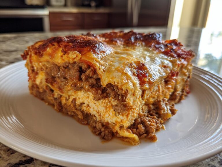 Close-up of a thick, crispy slice of sheet pan lasagna showing layers of meat sauce and cheesy topping.