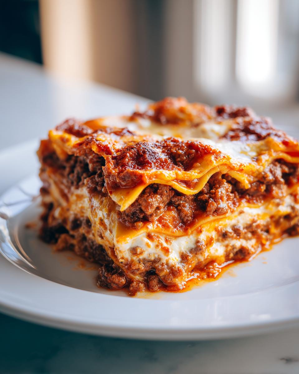 A close-up of a thick, layered slice of sheet pan lasagna with rich meat sauce and melted cheese on a white plate.