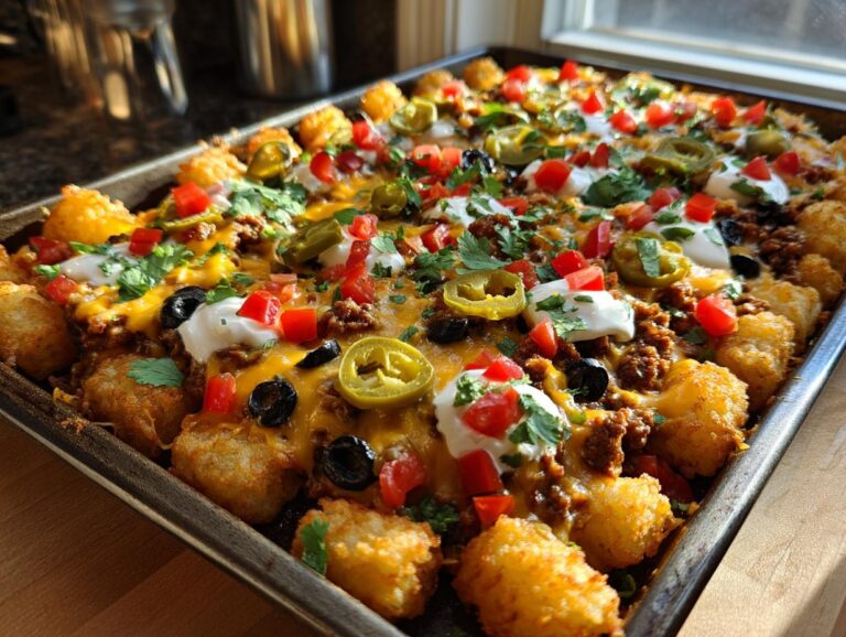 A full sheet pan of fully loaded tater tot nachos topped with meat, cheese, sour cream, tomatoes, and jalapeños.