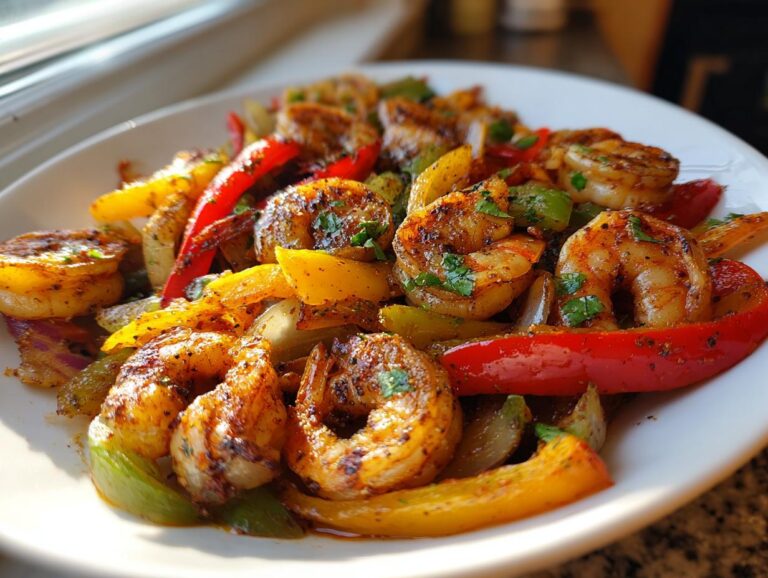 Close-up of perfectly seasoned shrimp fajitas mixed with colorful bell peppers and onions on a white plate.