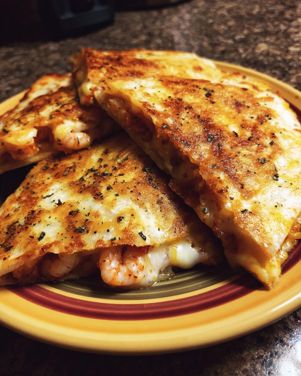 Close-up of golden brown, seasoned shrimp quesadilla wedges oozing melted cheese and visible shrimp.