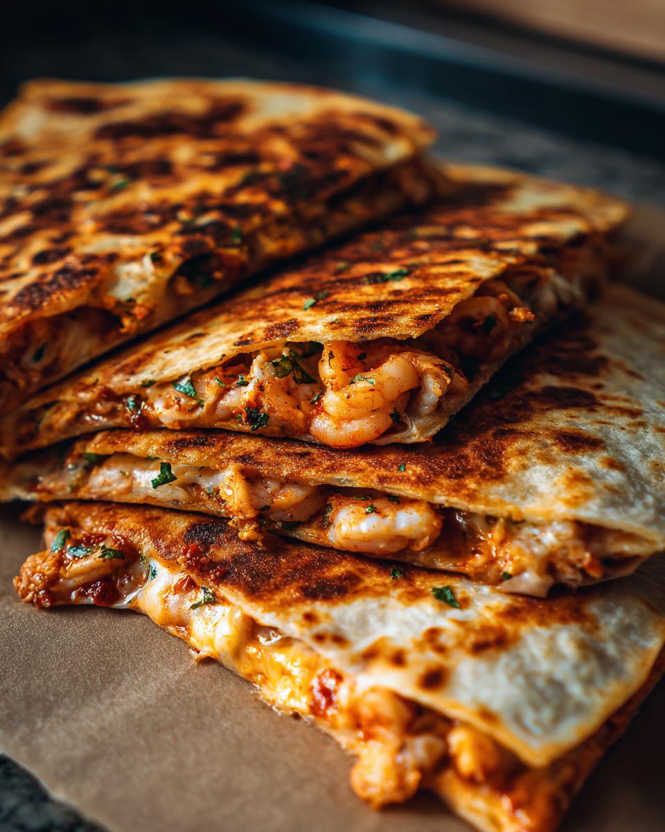 Close-up of stacked, golden-brown shrimp quesadilla wedges oozing melted cheese and visible seasoned shrimp.