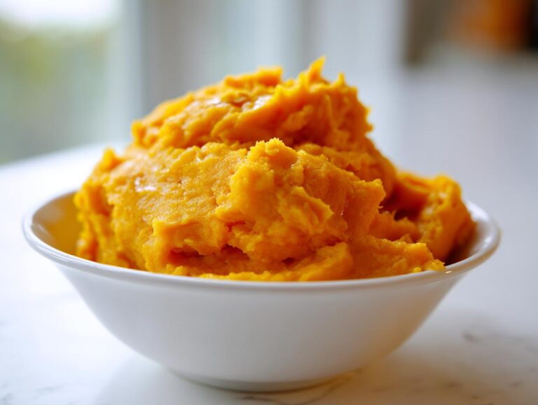 A close-up of fluffy, bright orange mashed sweet potatoes piled high in a white serving bowl.