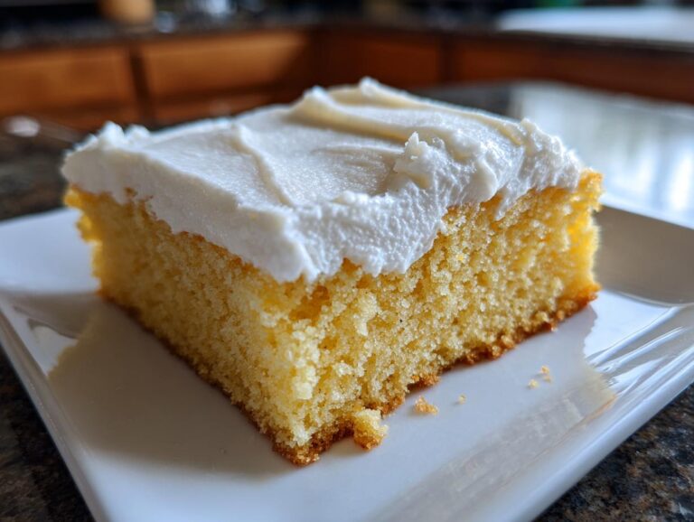 A close-up of a square piece of thick, yellow sugar cookie bars topped with fluffy white frosting.
