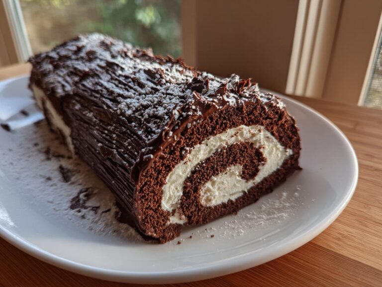 A cross-section slice of a chocolate yule log cake featuring a dark chocolate sponge rolled with white cream filling.