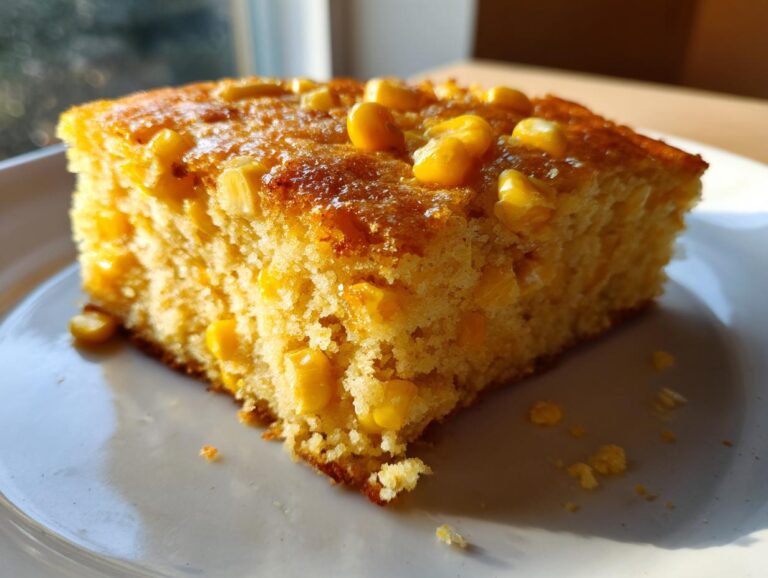 Close-up of a golden slice of moist cornbread casserole topped with whole corn kernels.